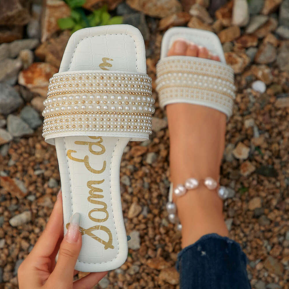 Plus Size Open-Toe Pearl Flat for Women Summer Fashion Square Toe Solid Color Thick Sole Slippers
