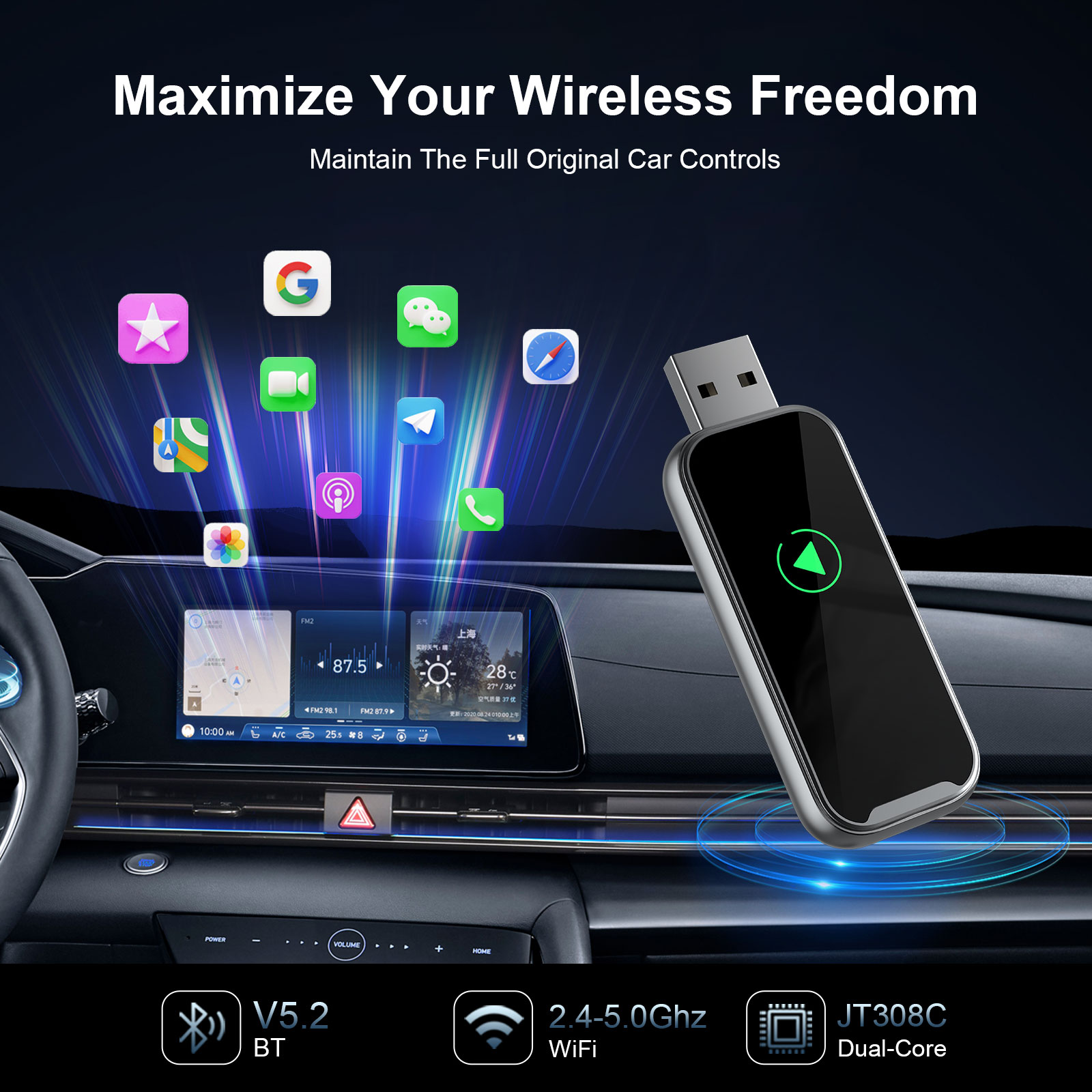 KOWANKIT Wireless CarPlay Android Auto Ai Box, Plug & Play Dongle Converts Wired To Wireless, 2in1 Car Accessories, No Delay, Vehicle Multimedia Upgra