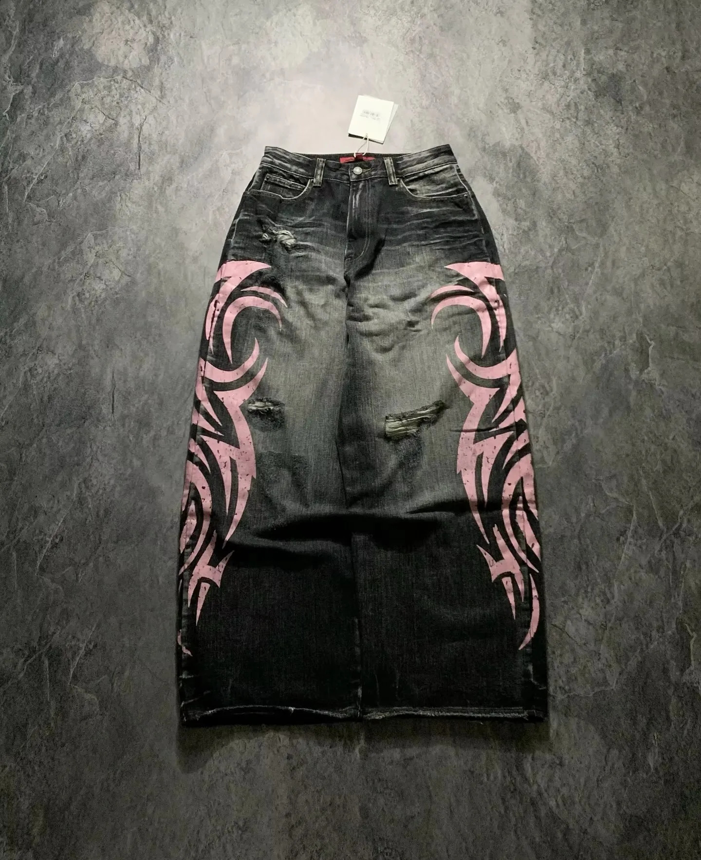 Y2K Street Retro Jean Mottled Totem Print Loose Pants Fashion Hip Hop Trend Couple American Straight Wide Leg 250820