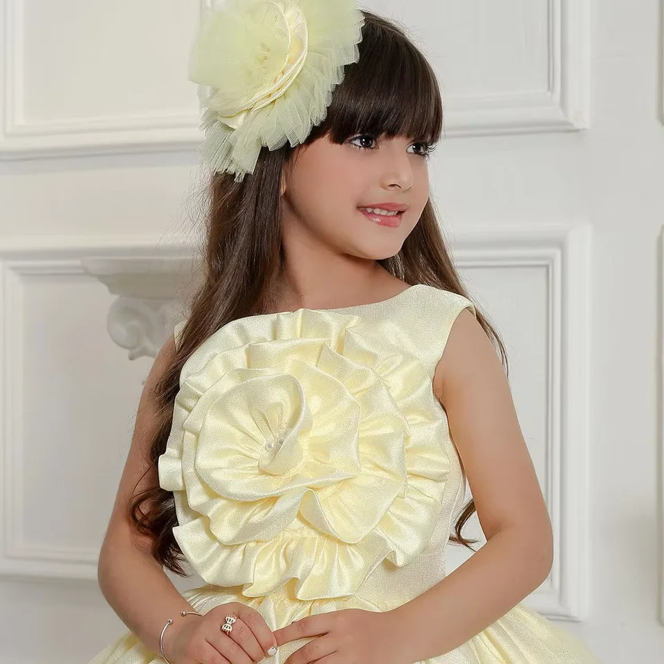 Customized Yellow Satin Flower Girl Dresses For Wedding Mini O-Neck Knee Length Kids Birthday Party First Communion Ball Gown 250820