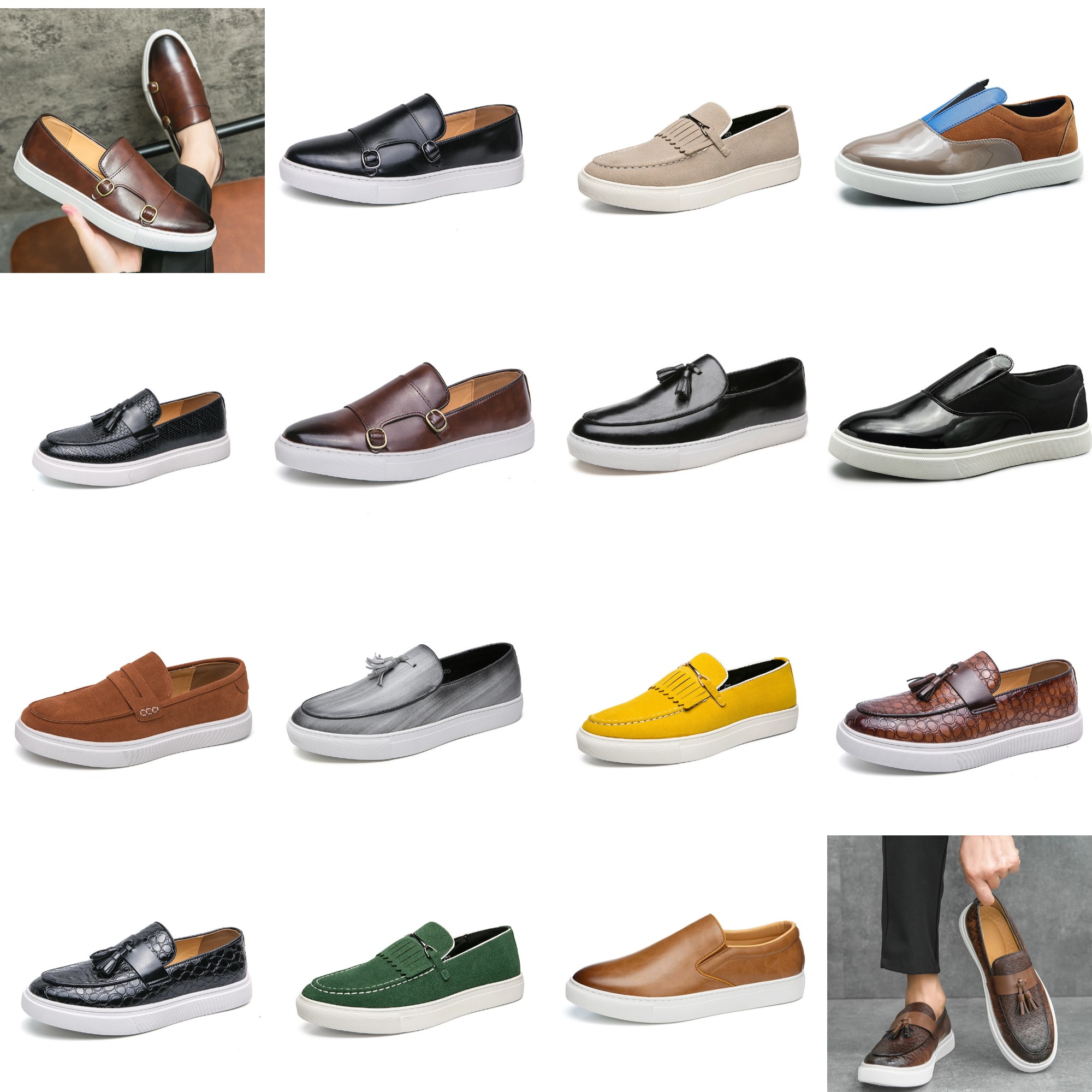 Casual Shoes 's Vulcanize Double Buckle Monk Sports Brown Slip-On Solid Handmade Sneakers Mens