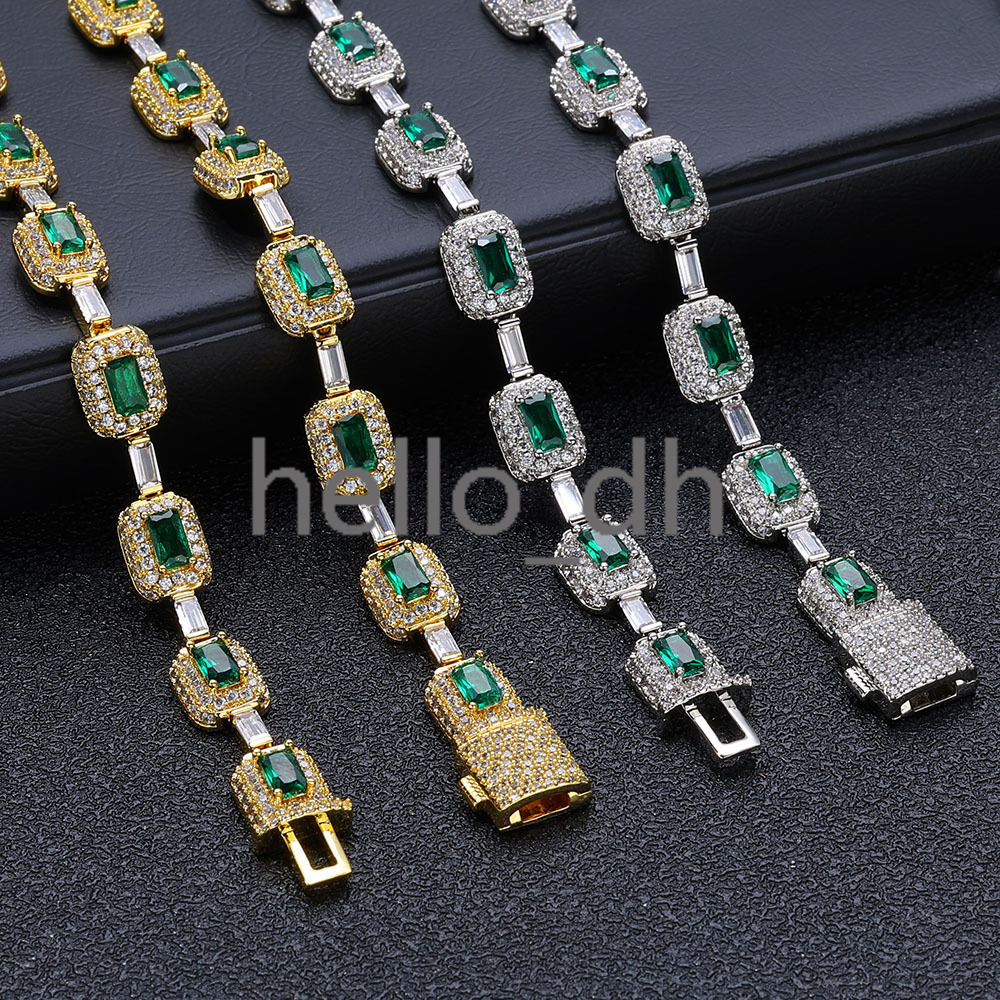 New Style Bling Baguette Diamond Link Chain Silver Plated Brass Micro Pave Emerald moissanite Chain Necklace for Women Jewelry
