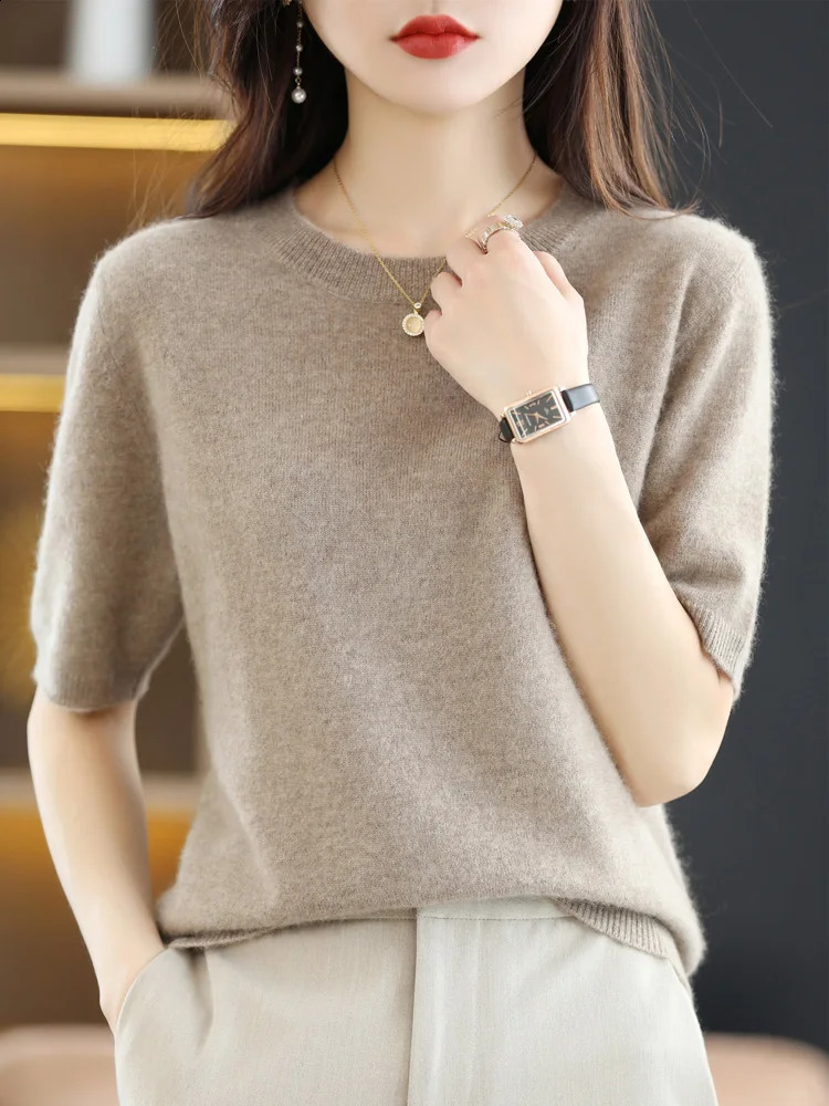 Women Merino Wool Sweater Cashmere Pullover Fashion Basic O-Neck Knitwear Short Sleeve Elegant T-Shirt Clothing Tops 250821