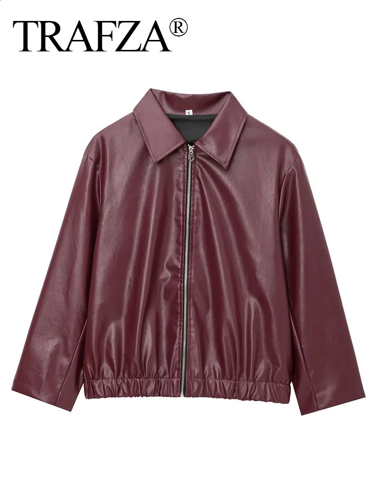 2024 Autumn Women American Style Vintage Solid Bordeaux Red Short Jacket Womens Zipper Long Sleeve Chic Leather 250820