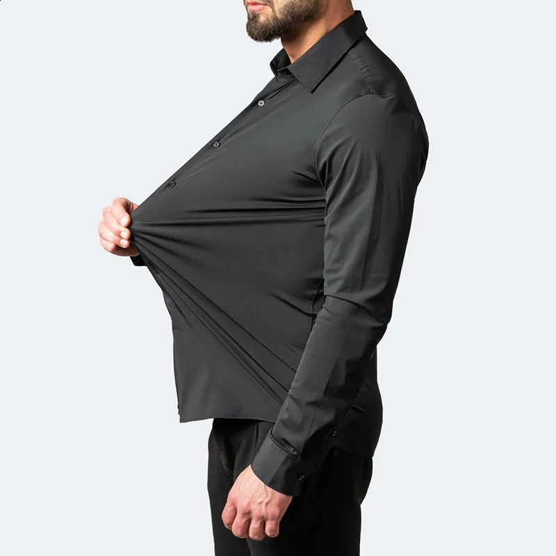 Plus Size 7XL 6XL High Elasticity Seamless Spandex Shirt Men Long Sleeve Slim Fit Casual Solid Color Social Formal Dress Shirts 250905