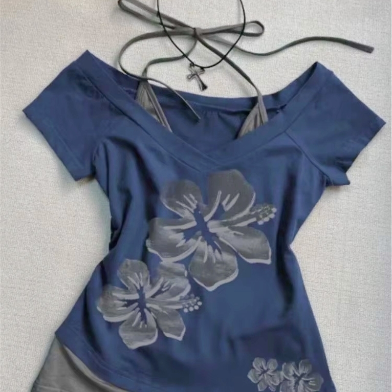 Y2K Retro Street Print T-shirt Fashion Streetwear Halter Neck Fake Two Piece Harajuku Summer Casual T-Shirt Women Clothes 250822