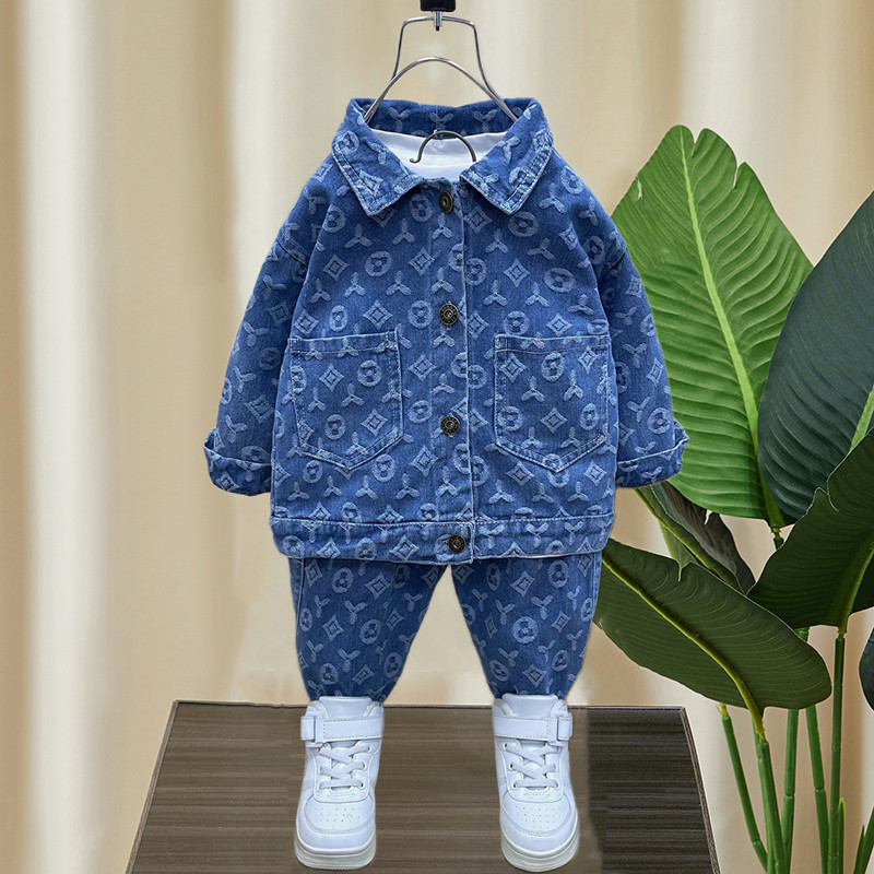 Blue kids Denim Ensemble All Over Patterned Jacket Matching Pants Crisp White Inner Shirt for Little Fashionistas Designer Clothing Sets For Children 