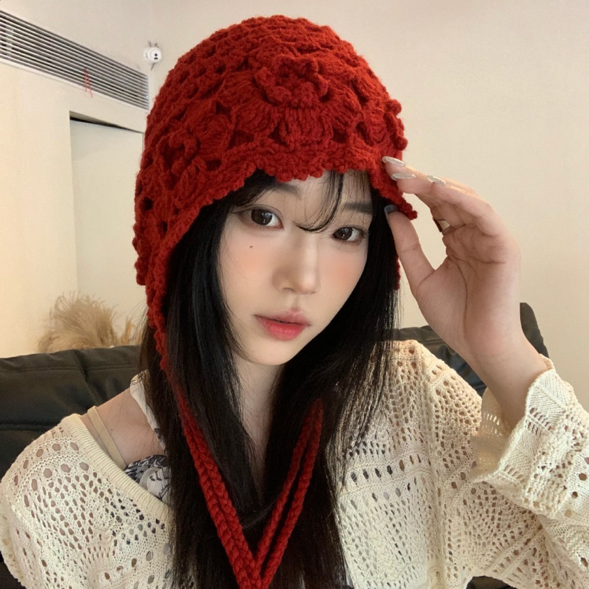 Ethnic Style Handmade Crochet Hat for Women Autumn and Winter Floral Hollow Knitted Hat Travel Photo Pullover Yarn Hat