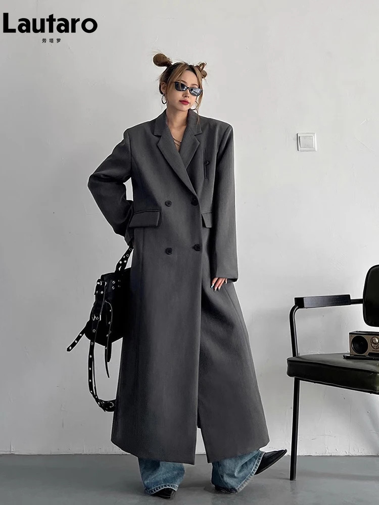 Lautaro Spring Autumn Long Grey Black Trench Coat for Women Double Breasted Loose Casual Korean Fashion Clothing Blazer 250822
