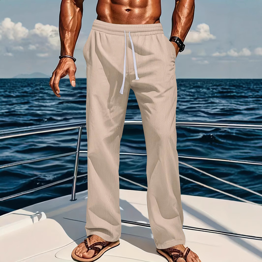 Mens Linen Long Pants Summer Thin Cotton Linen Casual Loose Wide-Leg Sports Pants