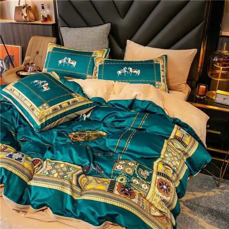 5pcs Designer Bedding Set Thick Warm Winter Velvet Luxury Bed Fabric King Size European Court Style Covers Flat and Fitted Bed Sheet G250822