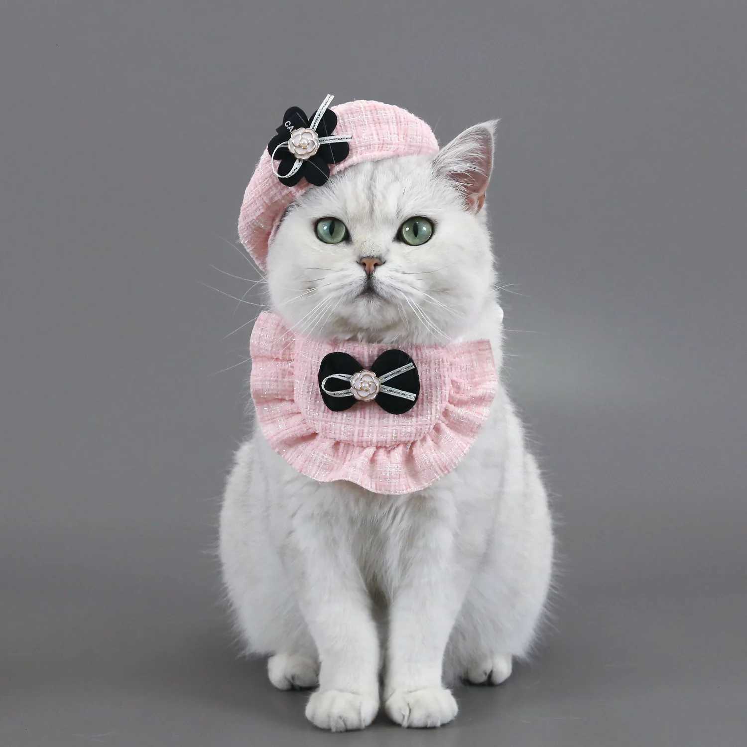 Designer Knitted Woolen Flower Bud Hat Bow Lace Bib Pet Cat Dog Accessory Set Dog Bandana Pet Accessories Dog Accessories Z250822