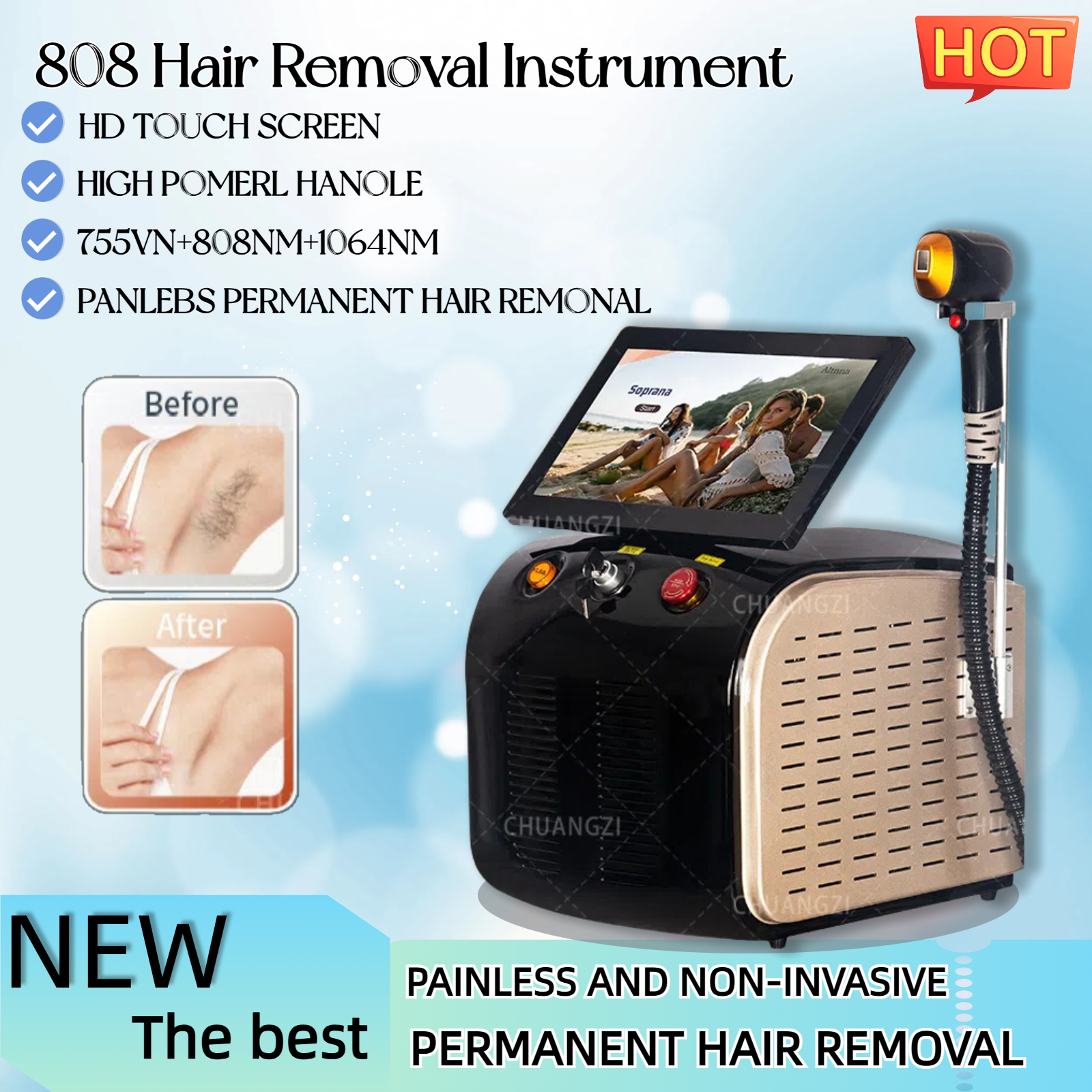 Portable 755nm/808nm/1064nm Alexandrite Device 3 Waves Permanent Professional Diode Ice Titanium Laser Body Hair Removal Machine Painless And Non-trau
