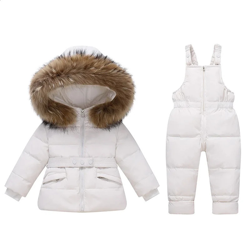 OLEKID Winter Children Girls 2pcs Clothes Set Real Fur Girls Down Jacket Baby Girl Jumpsuit Kids Overalls Outerwear Coat 250821