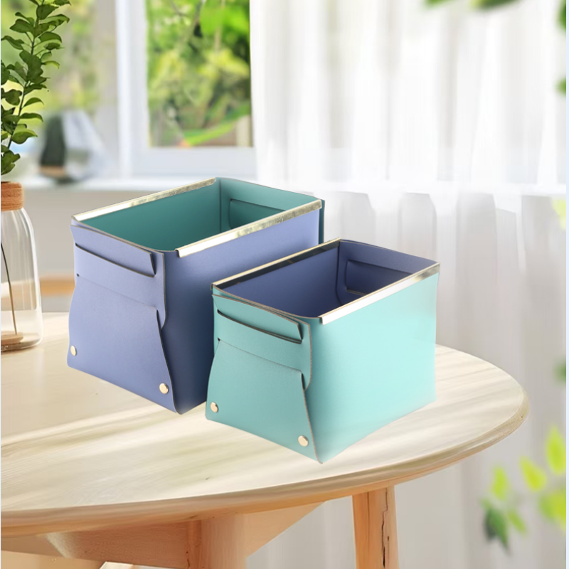 Large Volume Pu Leather Folding Organizer Baskets With Elegant Gold Border For Cosmetics And Clutter 210*150*160mm