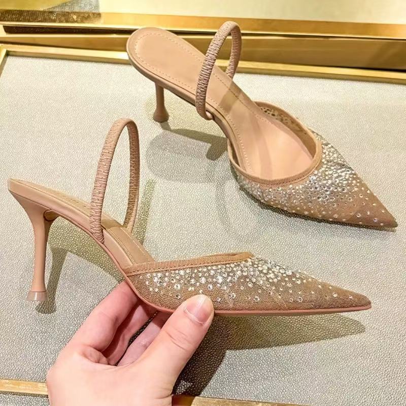 Nude Summer Wens New Sandals Rhinestone Bright Mesh High H Footwear Elegant Slingback Pointed Slip Hot On Party Lady Pumps Shoes Z250121
