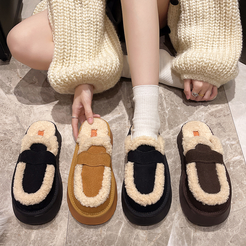 Free shipping women's thick soled velvet slippers for autumn and winter 2025 designer's new oversized Baotou snow cotton slippers ginger yel