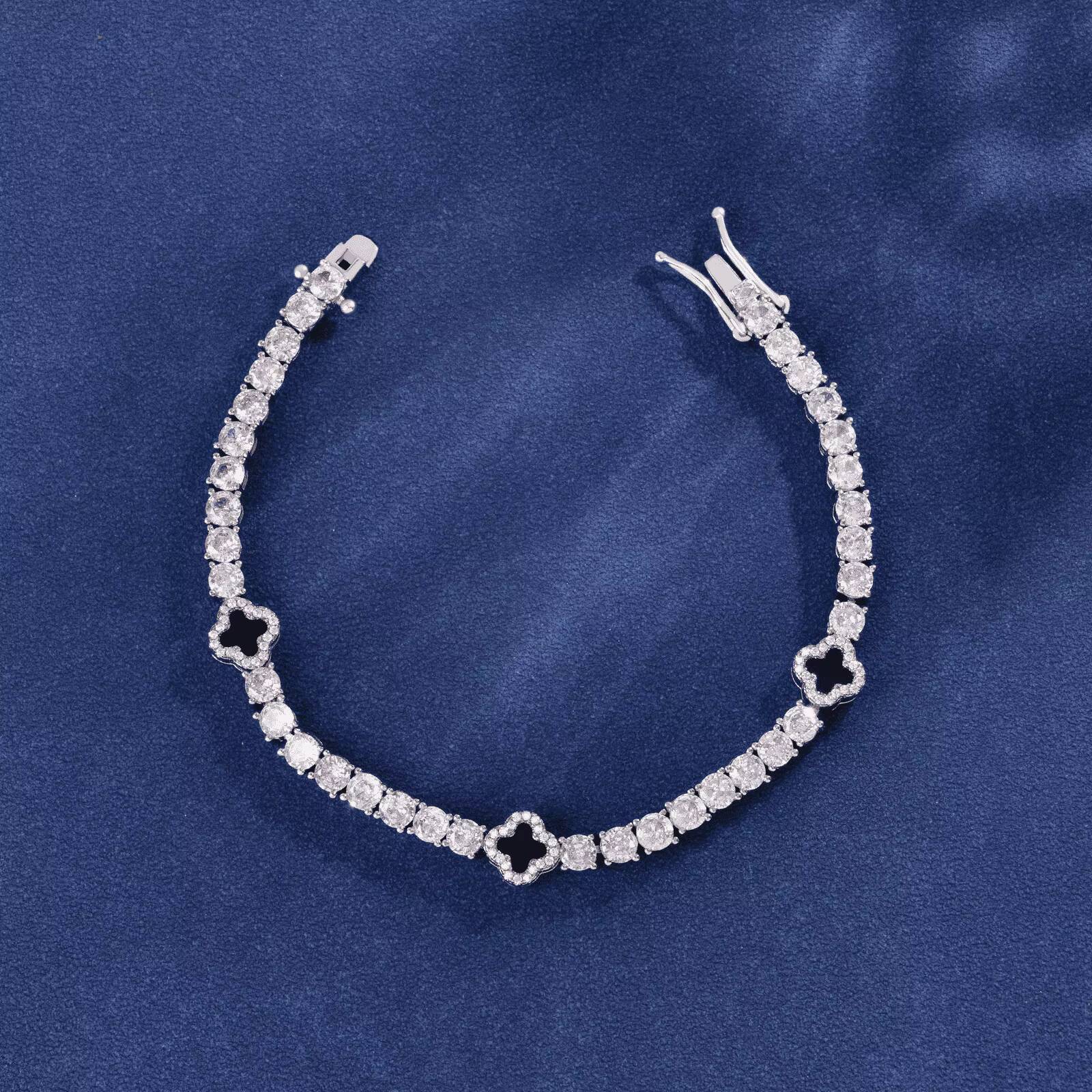 New lucky 925 silver four-leaf clover hip-hop jewelry; tennis chain bracelet; moissanite and diamond four-leaf clover necklace