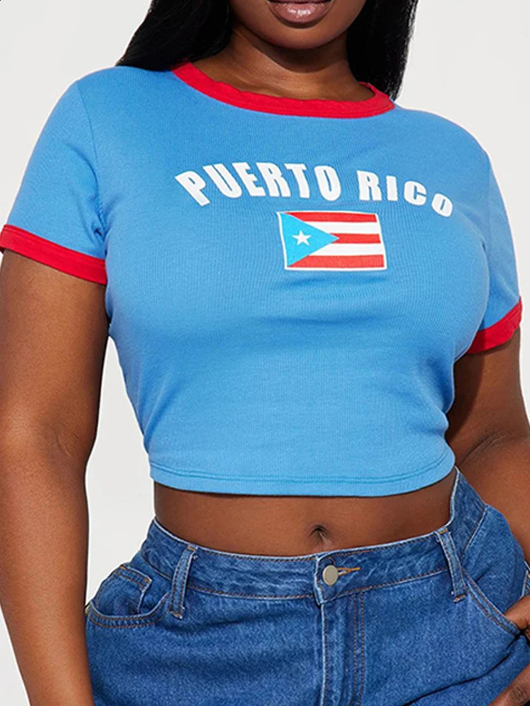 Aesthetic Puerto Rico Flag Full Letter Printed T-shirt Color Comparison Fashion Retro Short Sleeve Summer Y2K Clothing 250822