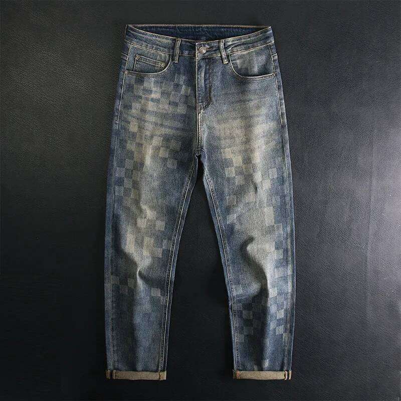 Light trendy jeans men's mosaic checkerboard print loose straight tube American fashion design sense long pants
