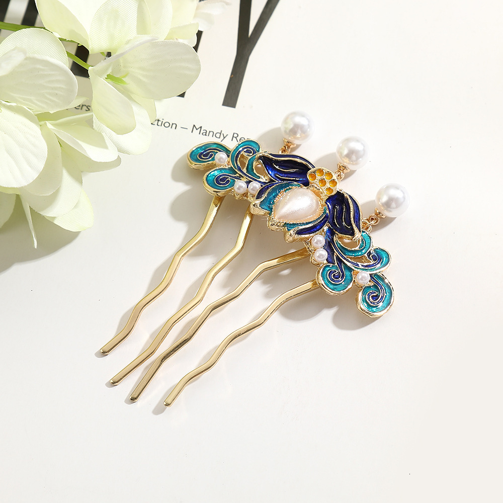 New Floral Small Hair Imitation Enamel Fairy Tassel Hairpin Women Hanfu Updo Pearl Insert Comb SY-8113