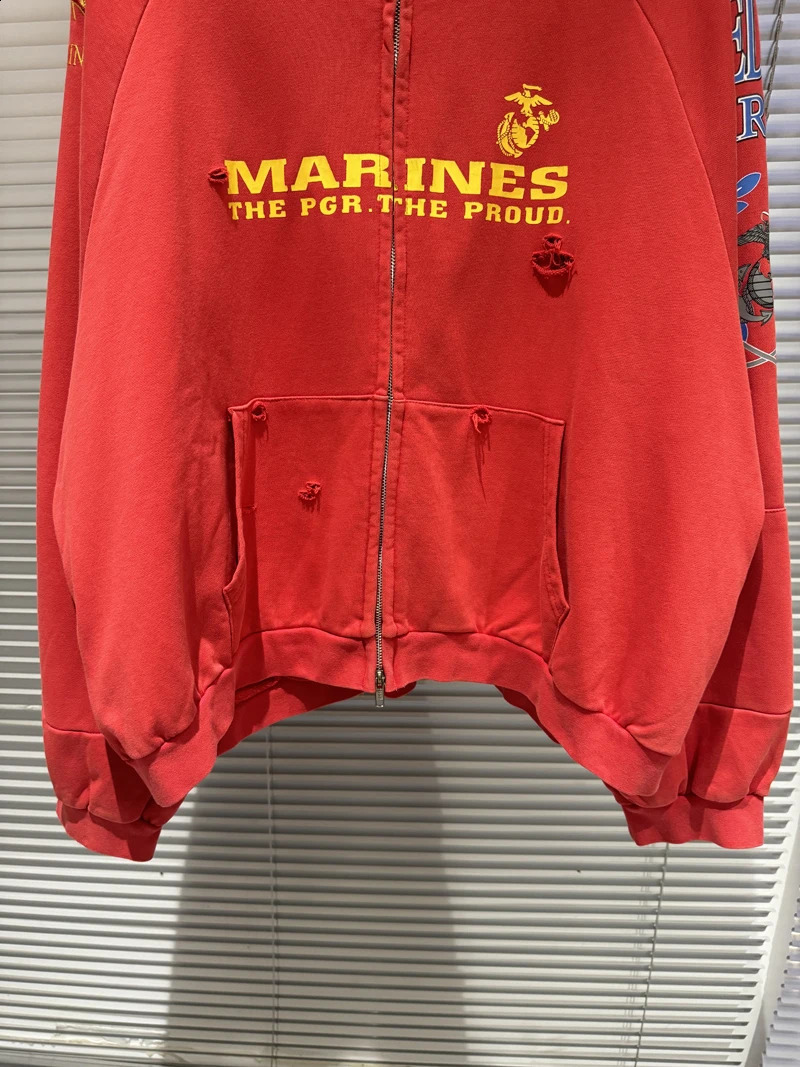Two Pieces y Flag Red Project GR Hole Damaged Zipper Hoodie Men Women Vintage Washed Distressed Loose Pullovers 250821