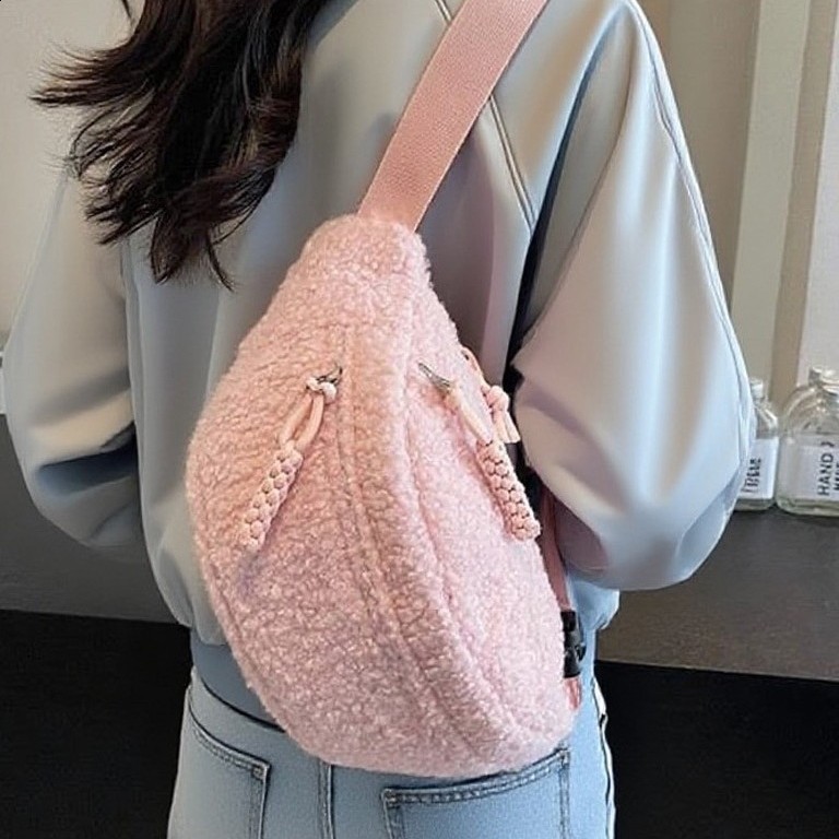 2024 Autumn Winter New Teddy Fleece Plush Bag Large Capacity Korean Style Crossbody Bag Casual Waist Bag Chest Bag