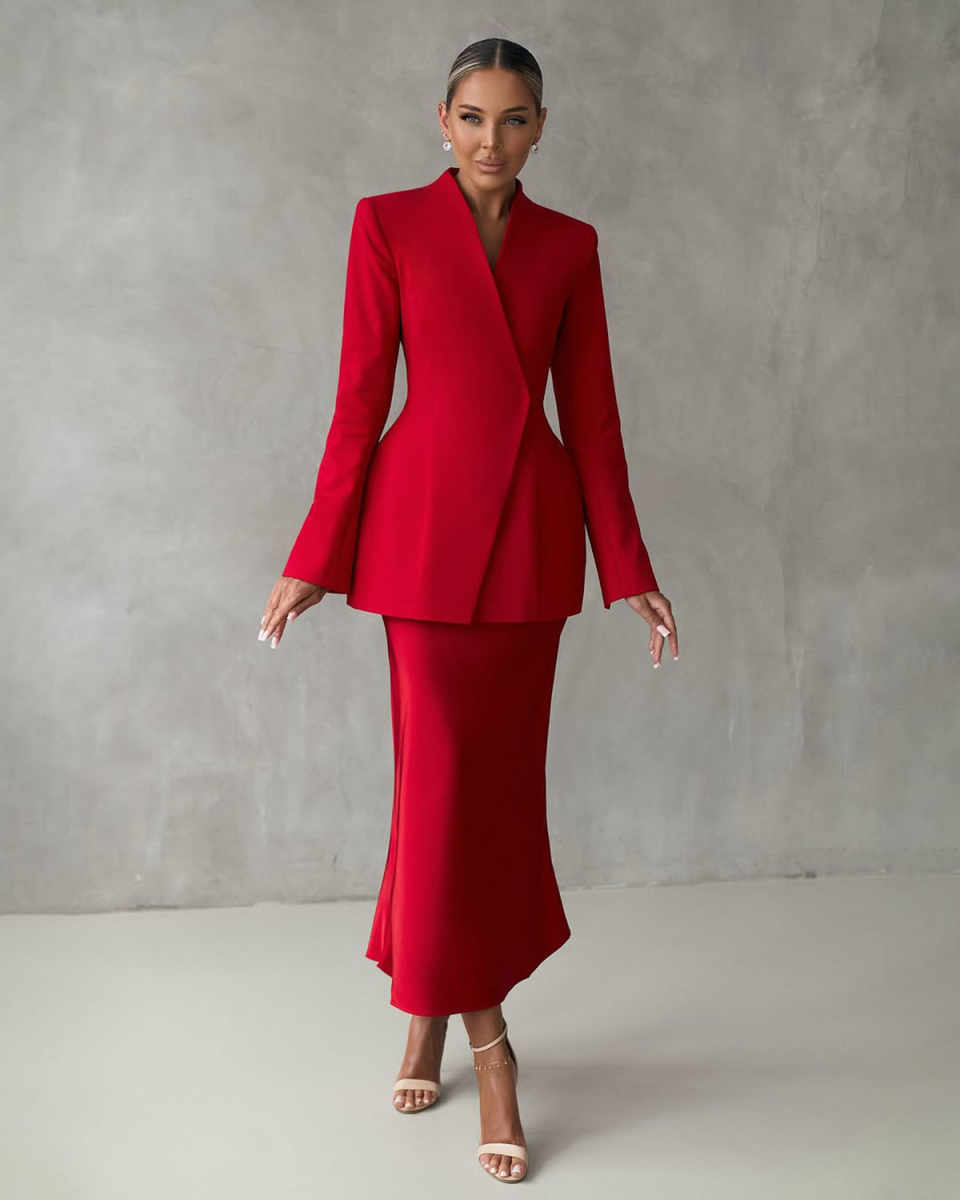 Red Wedding Women Blazer Dress 2 Pieces Sexy V Neck Jacket Skirts Coat Formal Office Lady Guest Prom Customized