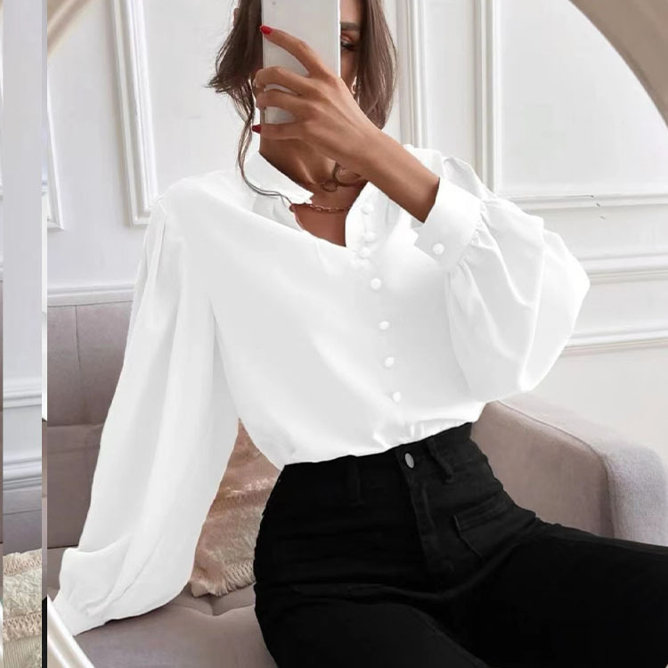 2025 spring and autumn European and American new elegant solid color lapel long-sleeved single-row button loose women's blouse shirt women