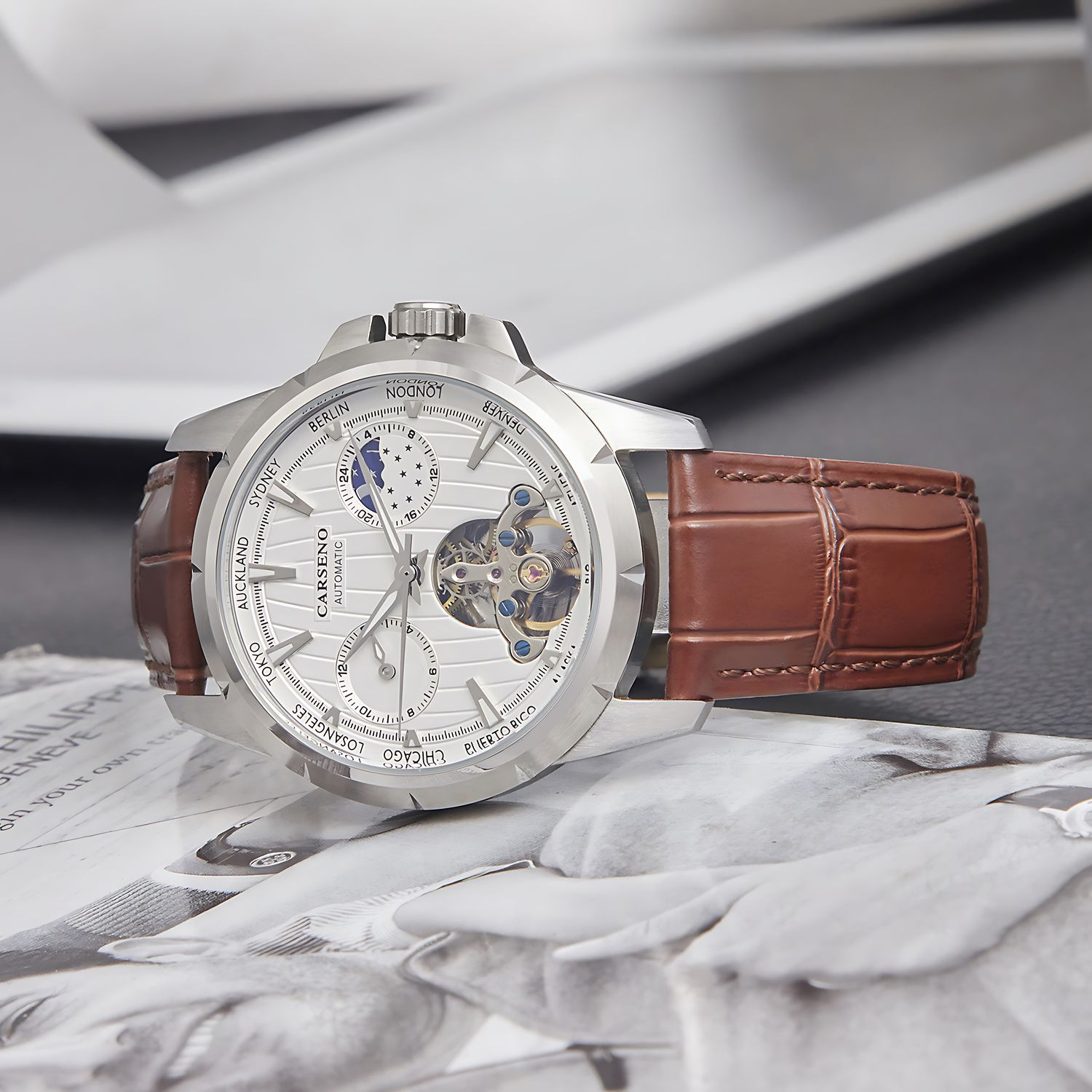 carseno brand stainless steel luminous waterproof crossborder tourbillon automatic mechanical watch2073g large dial