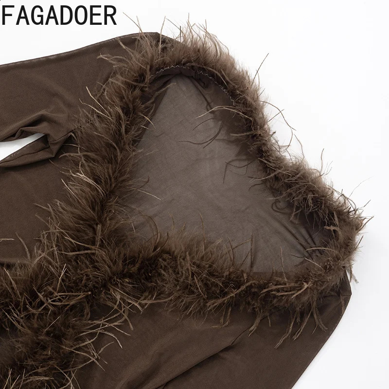 FAGADOER Sexy Mesh Fur Patchwork 2 Pieces Set for Woman Hollow Long Sleeves Tops Leggings Matching Suit Female Party Clubwear 250822
