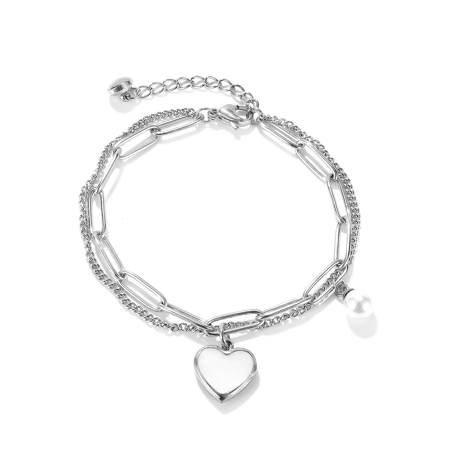 Korean and Japanese Style Accessories Light Personality Double Layer Titanium Steel Pearl for Women Fashion Bracelet Heart Jewelry - view 6