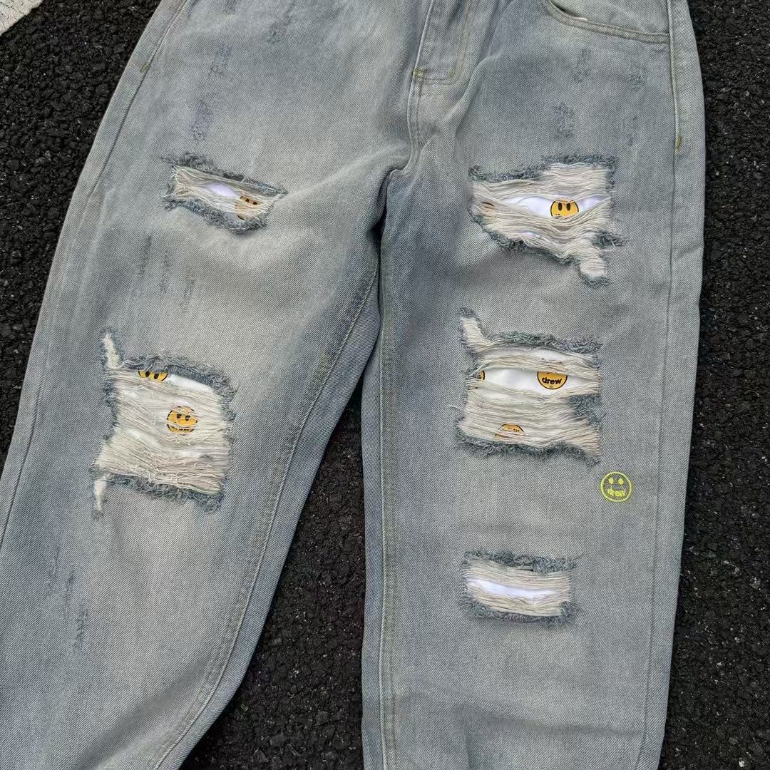 Drew House Men Jeans Streetwear Light Blue Denim Pants