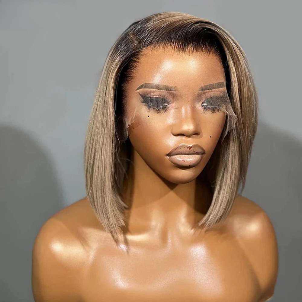 Ombre Ash Blonde With Brown Roots Colored Short Bob Wig 13x4 Lace Front Wig 180% Density Straight Lace Frontal Wig Human Hair Ready To Wear For Black 