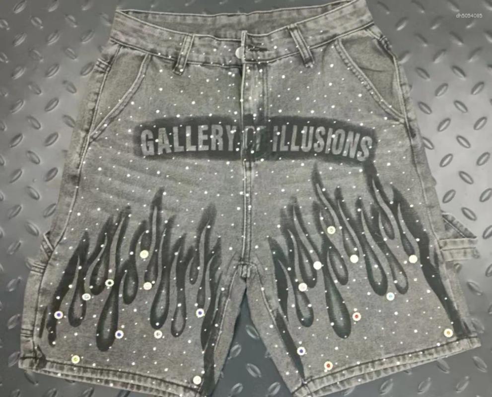 Men's Jeans Y2K Vintage Distressed Flame Pattern Rhinestone Decoration High Waist Denim Shorts Fashion Men Women Hip Hop Streetwear