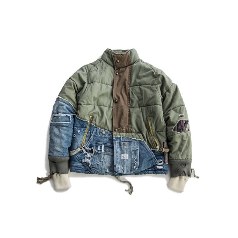 ABOORUN Mens Hi Street Hole Patchwork Denim Jacket Streetwear Thick Down Cotton Jean Coat for Male 250821
