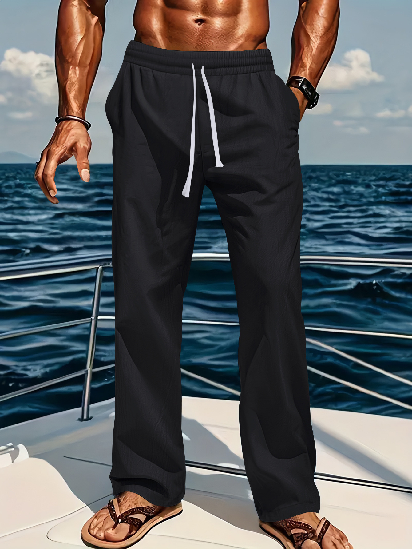 Mens Linen Long Pants Summer Thin Cotton Linen Casual Loose Wide-Leg Sports Pants