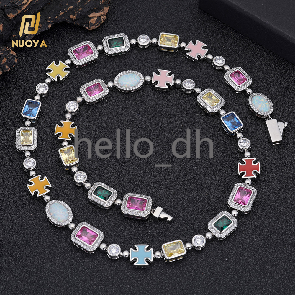 10mm Custom Rainbow Geometric Bling moissanite Stone Chain Necklace Multicolor Cross Round Oval Synthetic Gemstone Choker for Women Men
