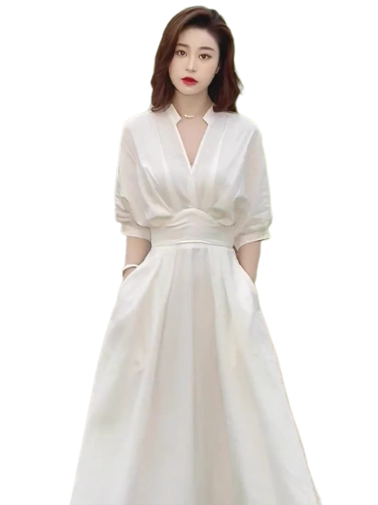 White dress 2025 new V-neck women's summer temperament simple style pure white five quarter sleeve dress breathable high-end retro dress free shi
