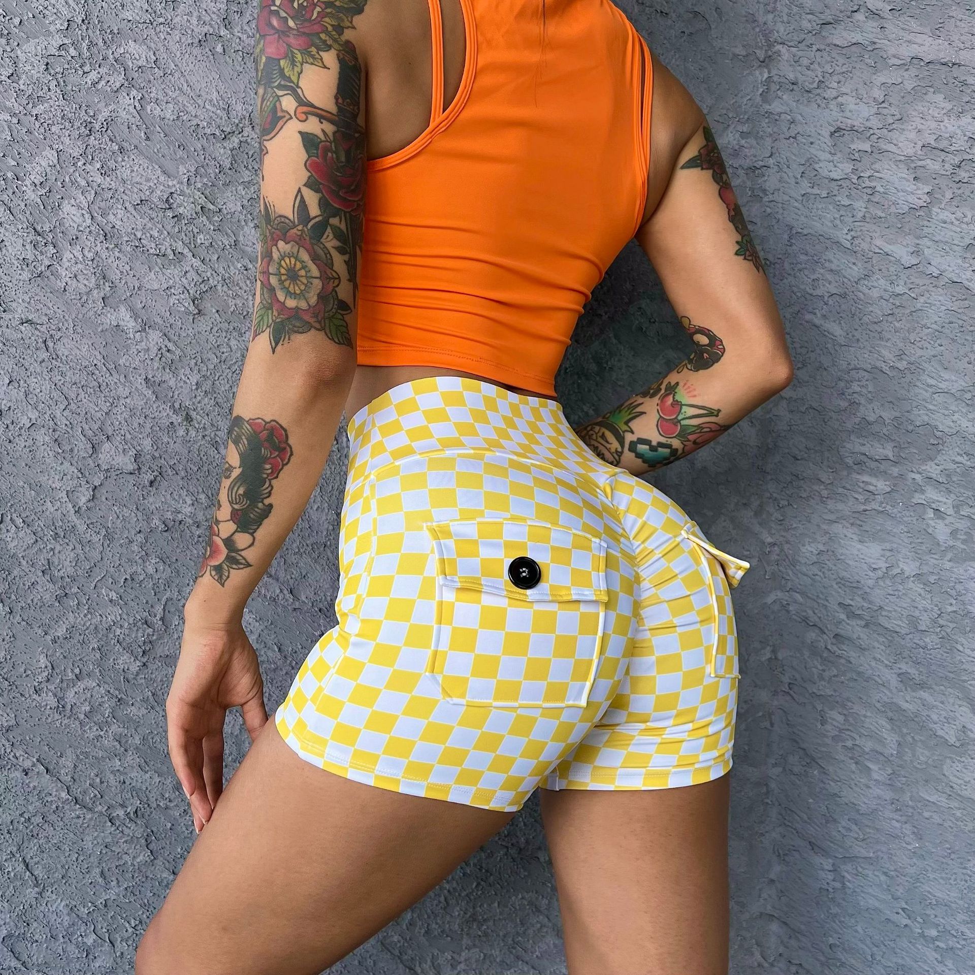 Wholesale Yoga Shorts Fitness Legging Plaid Pants High Waist Tight Running Shorts Complete styles and good quality