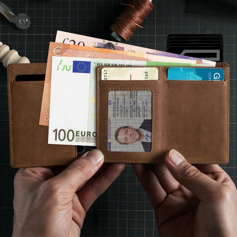 YAT Mens RFID AntiTheft Three Fold Wallet UltraThin with Zipper Coin Pocket Credit Card Clip Brush AntiMagnetic Card Bag 251023