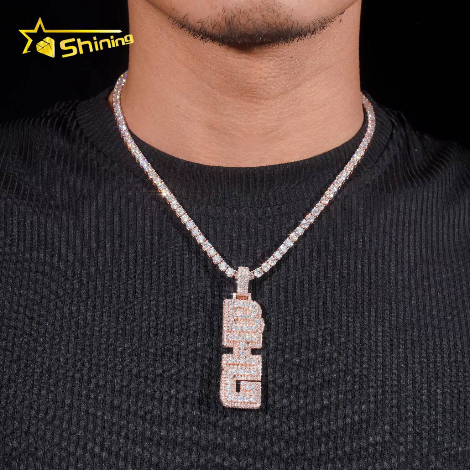 Moissanite Bling Jewelry 925 Sterling Silver Rose Gold Vertical Letter Hip Hop Custom Moissanite Pendant for Tennis Chain