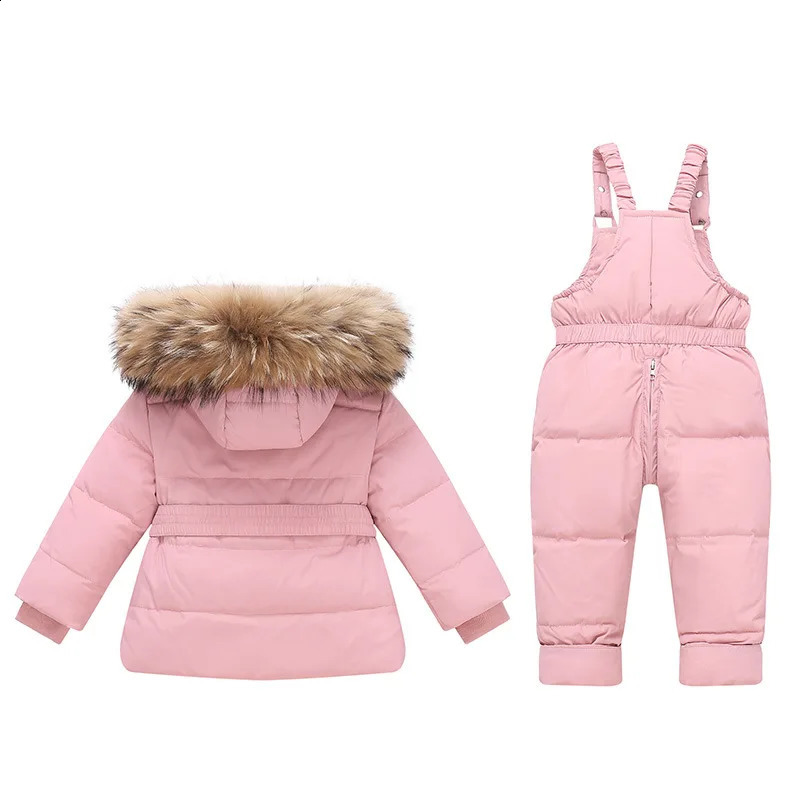 OLEKID Winter Children Girls 2pcs Clothes Set Real Fur Girls Down Jacket Baby Girl Jumpsuit Kids Overalls Outerwear Coat 250821