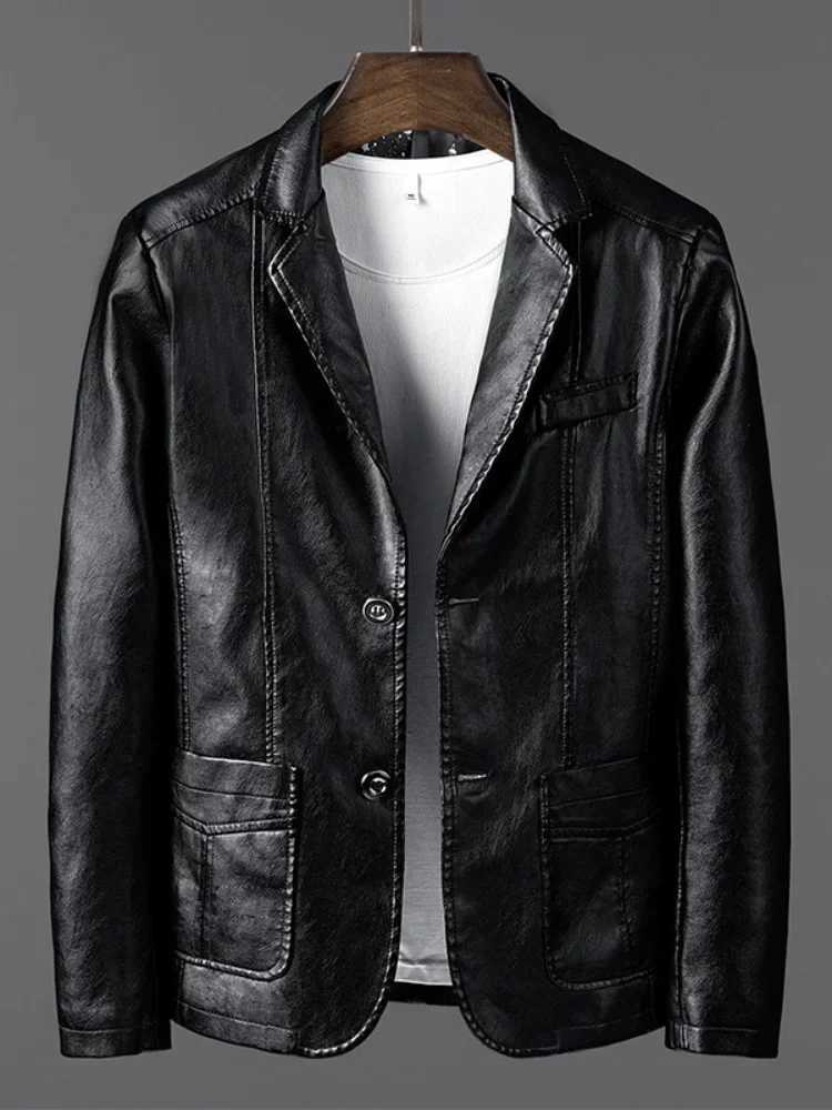 PU Leather Jackets Men Slim Fit Full Sleeve Coats Single Breasted Spliced Turn Down Collar Jacket Punk Mens Casual Autumn X250822