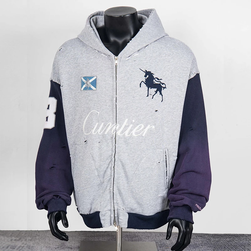 Letters Embroidery Gray Color Block Damaged Hole Zipper Hoodie Men Women Unisex Oversized Coats Hooded