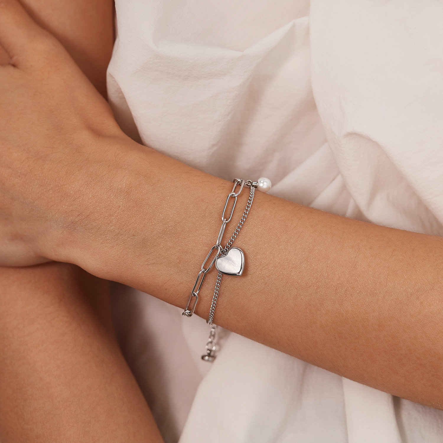 Korean and Japanese Style Accessories Light Personality Double Layer Titanium Steel Pearl for Women Fashion Bracelet Heart Jewelry - view 4
