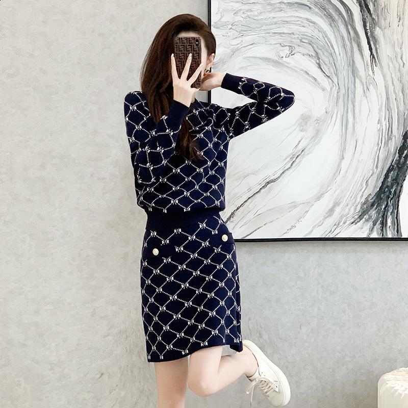 Lanjia- Style Fashion Casual Suit For Women 2025 Autumn Winter Jacquard Sweater Knitted Two-Piece Set Skirt Trendy E8163