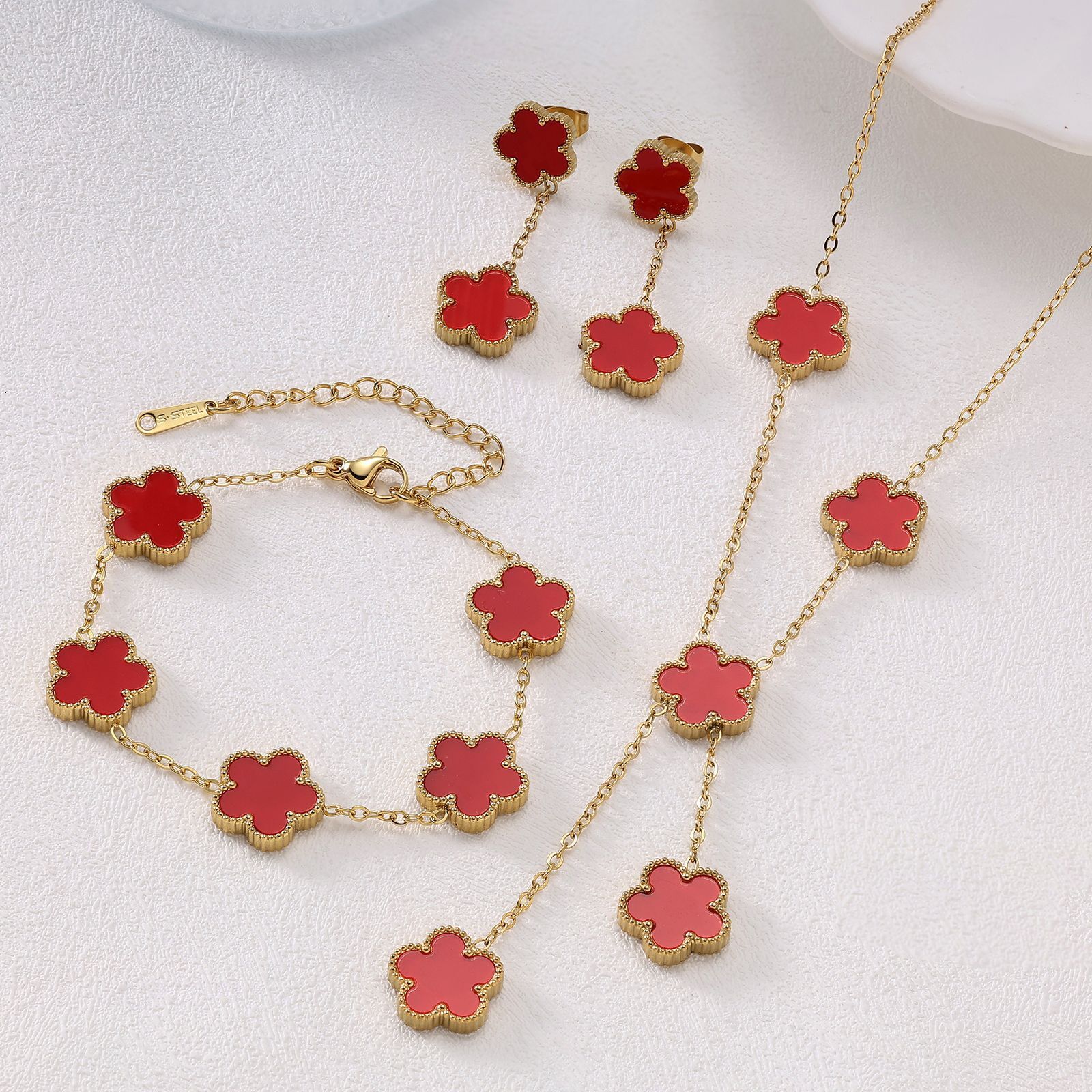 Hot New Titanium Steel Double-Sided Five-Leaf Flower Bracelet Necklace Earrings Three-Piece Set for Women Fashion