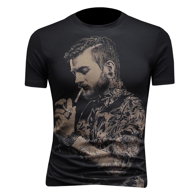 T-shirts à cou rond à cou rond imprimé à rétro léger Men Slim Casual Short Sleeve T-shirt Tredy Polydol