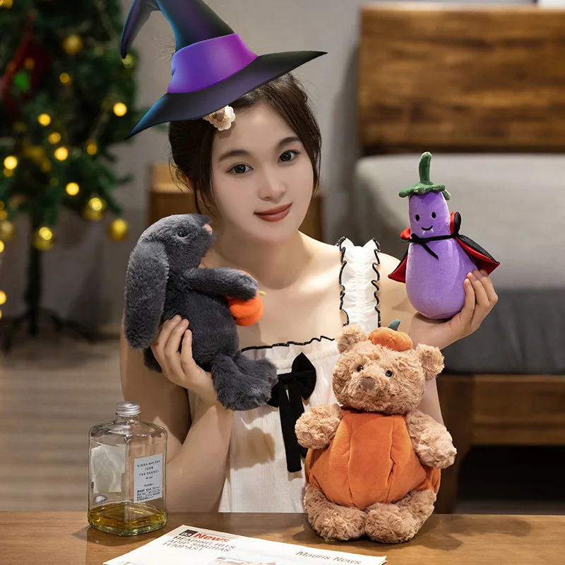 Creative Pumpkin Bear Plush Toys Soft Black Rabbit Hold Earphone Cloak Eggplant Stuffed Doll Halloween Trick Or Treat 250822